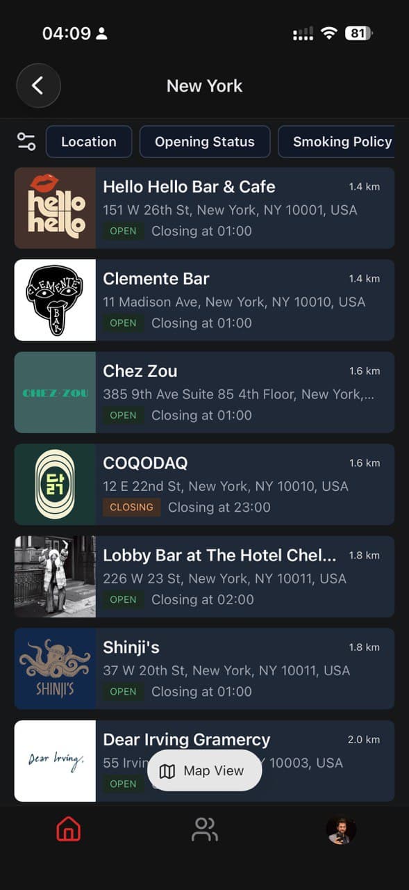 App screenshot — city bar list